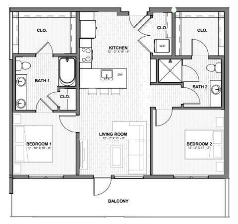 Floor plan for 2 beds, 2 baths, 947 sqft